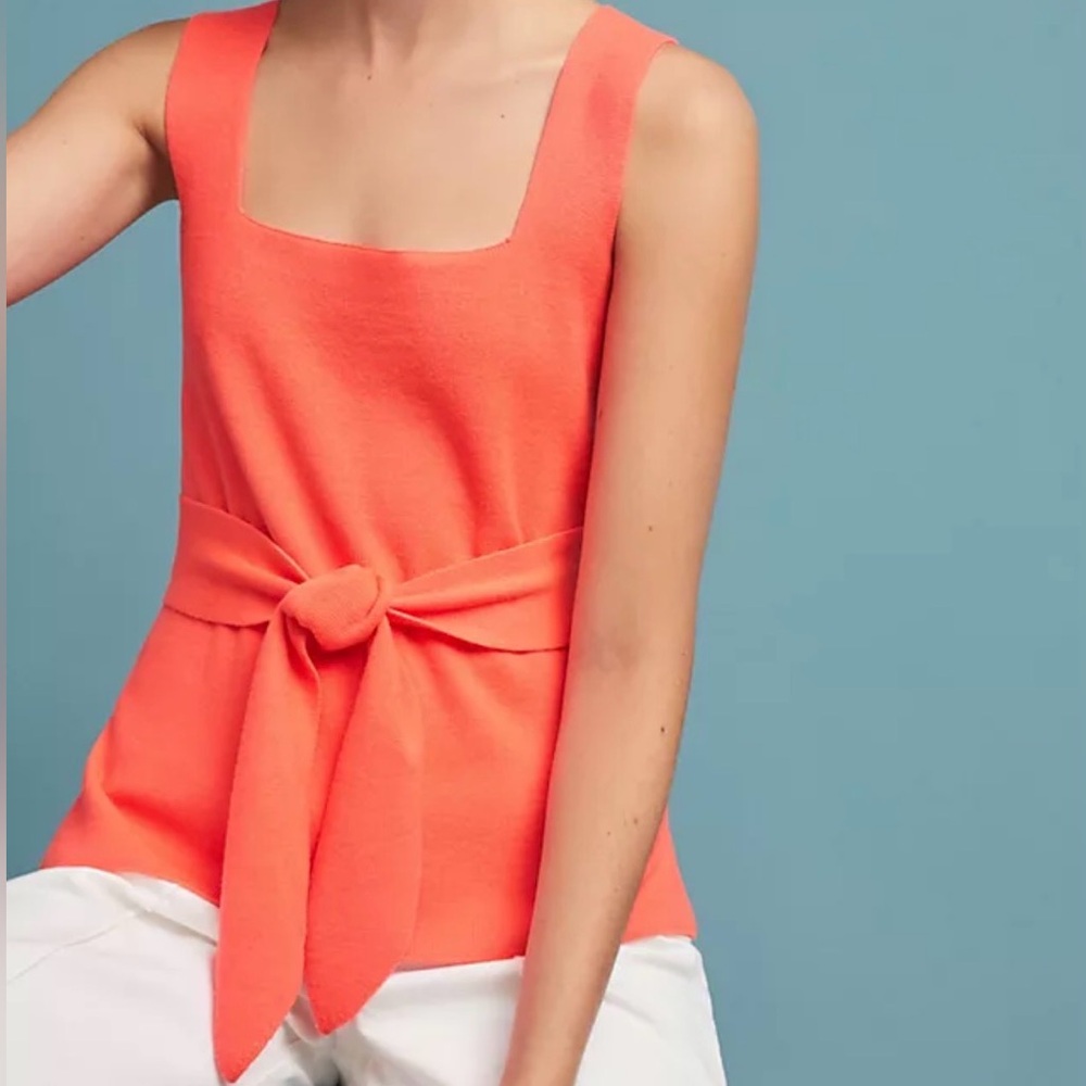 Anthropologie Sweater Knit Tank Tie Waist Belt Harloe Minimalist Bright Coral S